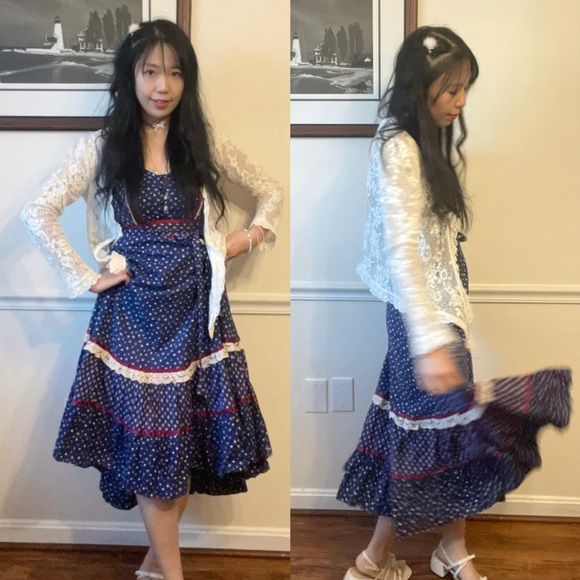 VTG 🦋Gunne Sax🦋 70’s Navy & Red Calico floral Cottage Core Prairie Dress✨ - Picture 3 of 16